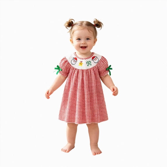 UAYOTSE Baby Toddler Girls Short Sleeve Gingham Christmas Dress 12 18 Months 2T 3T 4T Embroidered Festive Pattern Casual Holiday Outfit