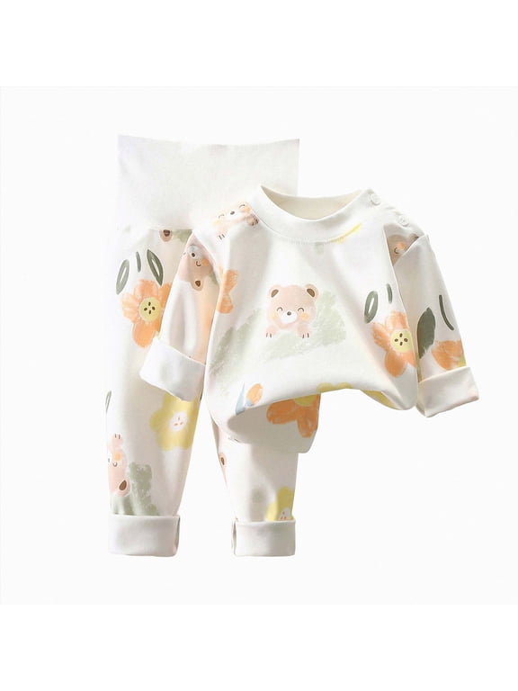 Baby Toddler High Waist Cotton Sleep Set Animal Theme Printed Long Sleeve Top and Pant for Unisex Kids Size 0-3 Months