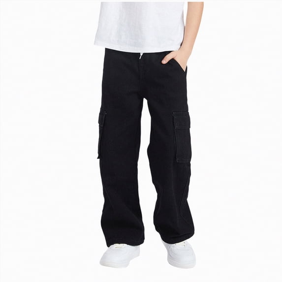 UAYOTSE Baggy Jeans for Teens Boys 10 12 Wide Leg Elastic Waist Cargo Jeans Size 14 16 Casual Denim Trousers with Pockets(10-11 Years,Black&4)