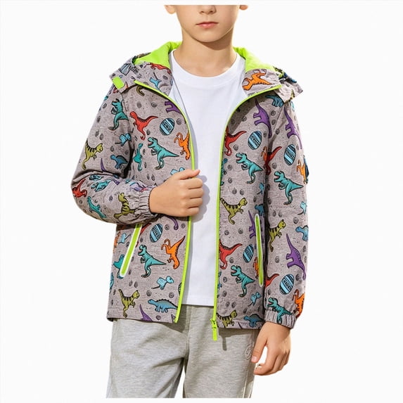 UAYOTSE Boy's Dinosaur Print Breathable Outdoor Windproof Jacket with Zipper Closure Fall Coat,Sizes 10-13 Years