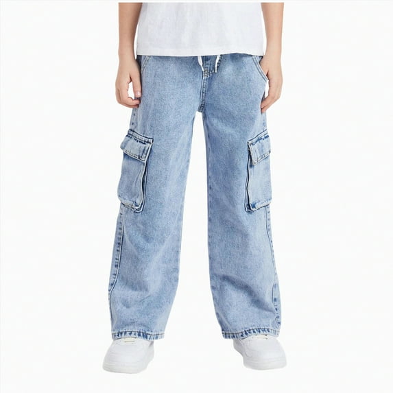UAYOTSE Boy's Pull On Jeans Cute Star Baggy Denim Pants Elastic Waist Straight Wide Leg Jeans for Teen Boys(Light Blue##1,9-10 Years)