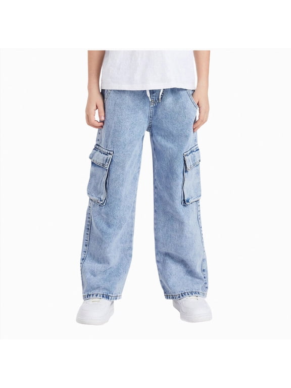 Boy's Pull On Jeans Cute Star Baggy Denim Pants Elastic Waist Straight Wide Leg Jeans for Teen Boys(Light Blue##1,9-10 Years)