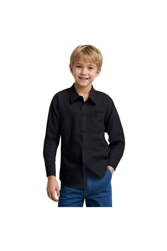 Boys Girls Dress Shirts Long Sleeve Button Shirts Formal Uniform Solid Oxford Shirt,Black 7-8 Years