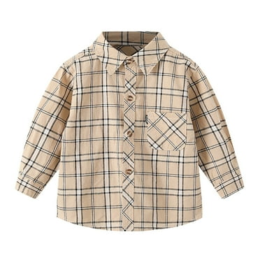 UAYOTSE Boys Girls Long Sleeve Flannel Shirts Button Plaid Shacket Jacket Casual Collared Shirt Blouses Tops,Khaki 6-8 Years