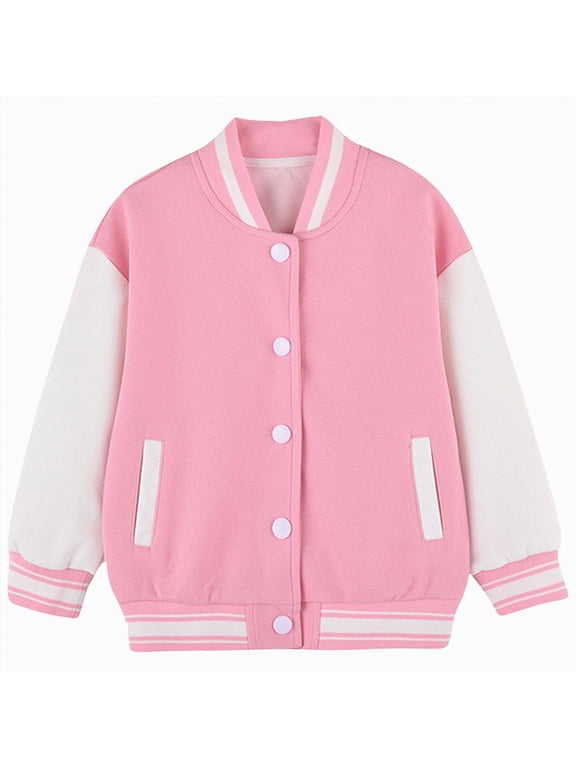 Boys Girls Varsity Letter Print Jacket Casual Baseball Outwear Kids Basic Sweatshirts Lightweight Athletic Coat(11-12 Years,S51-Pink)