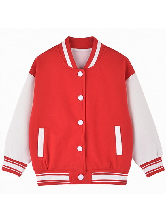 Boys Girls Varsity Letter Print Jacket Casual Baseball Outwear Kids Basic Sweatshirts Lightweight Athletic Coat(13-14 Years,S52-Red)