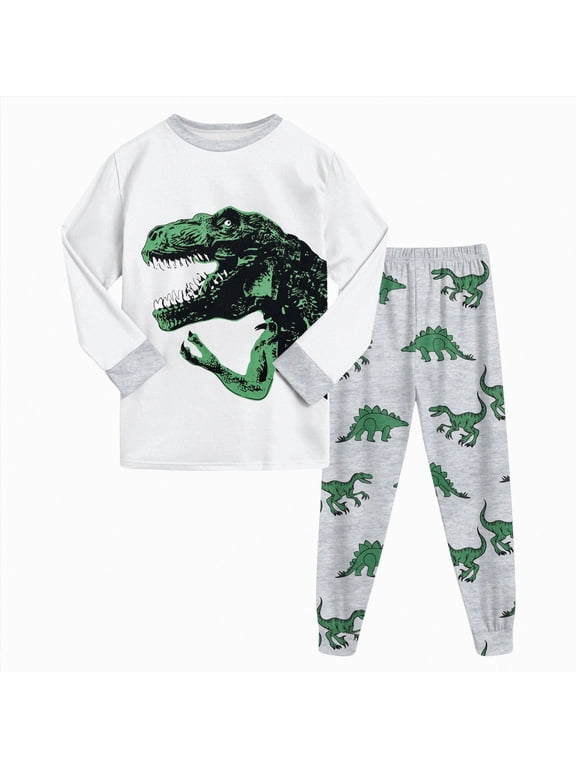 Boys Long Sleeve Pajama Set Dinosaur Space Rocket Pattern 2‑Piece Cozy Kid Nightwear Size 6-7 Years
