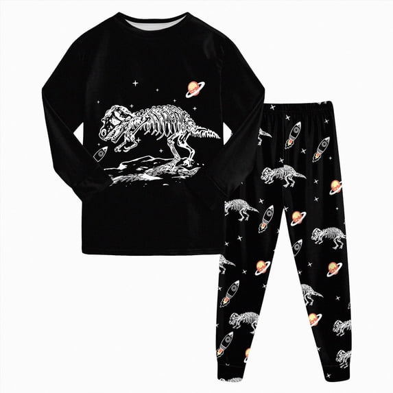 UAYOTSE Boys Long Sleeve Pajama Set Dinosaur Space Rocket Pattern 2‑Piece Cozy Kid Nightwear Sleepers Size 8-9 Years