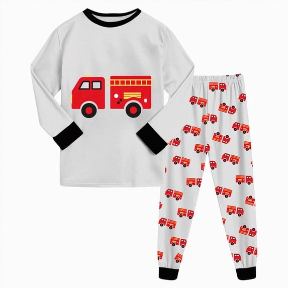 UAYOTSE Boys Long Sleeve Pajama Set Fire Truck Vehicle Print 2‑Piece Soft Children Sleep Outfit Size 5-6 Years
