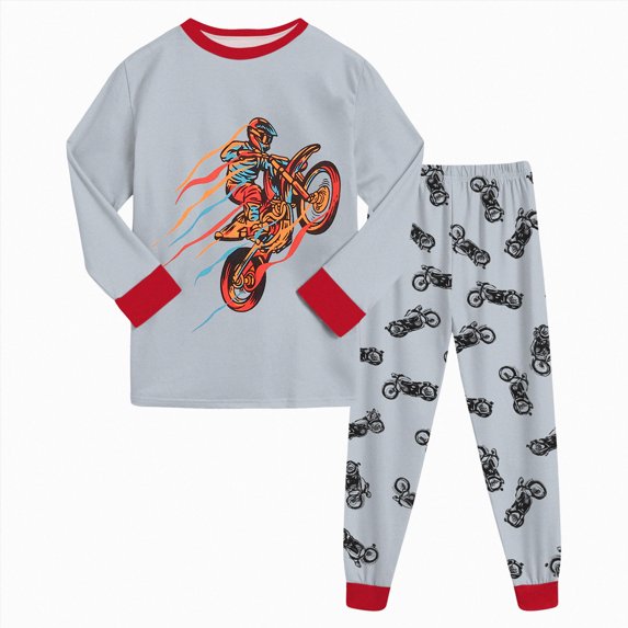 UAYOTSE Boys Long Sleeve Pajama Set Motorcycle Monster Truck Graphic 2‑Piece Boys Sleep Set Size 5-6 Years