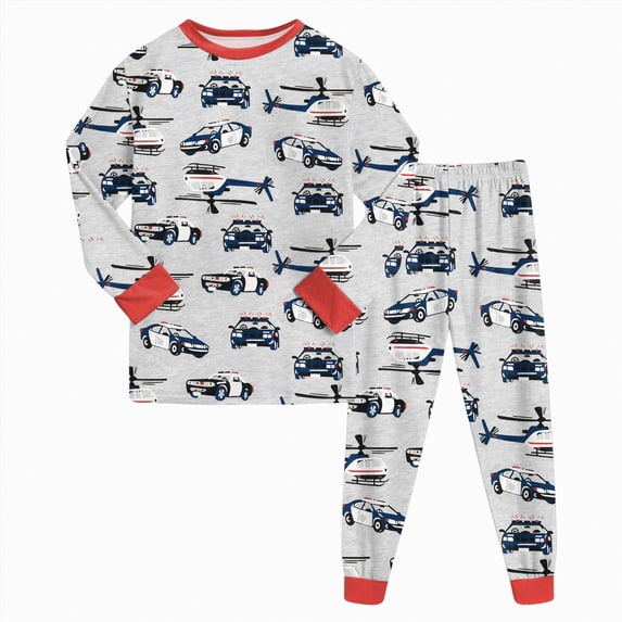 UAYOTSE Boys Long Sleeve Pajama Set Police Car and Helicopter Print 2 Piece Sleepwear for Kids Size 5-6 Years