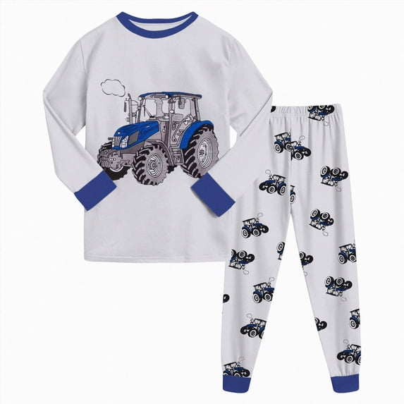 UAYOTSE Boys Long Sleeve Pajama Set Tractor Excavator Theme 2 Piece Kids Night Sleepwear Sleepers Size 5-6 Years