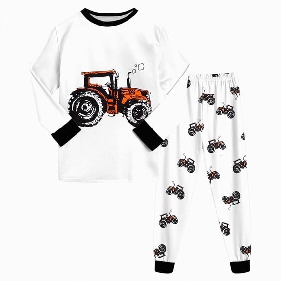 UAYOTSE Boys Long Sleeve Pajama Set Tractor Vehicle Print 2‑Piece Soft Children Sleep Outfit Size 4-5 Years