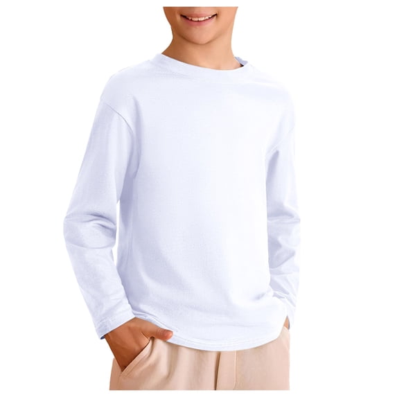 UAYOTSE Boys Long Sleeve Shirts Kids Soft Crewneck Tee T-Shirt Basic Long Sleeve Top(S261-White,8-9 Years)