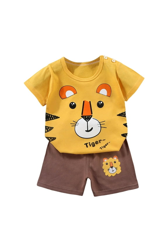Boys Short Sleeved Shorts Suit Comfortable Breathable Fabric Fashionable Cute Cartoon Print Boy Suit boy 24 months(5-6 Years,Yellow)
