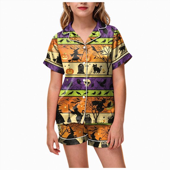 UAYOTSE Button‑Down Satin Pjs for Girls, Collared Short‑Sleeve Top and Sleep Shorts, Lightweight Kids Sleep Set for Daily and Holiday Moments Size 2-3 Years