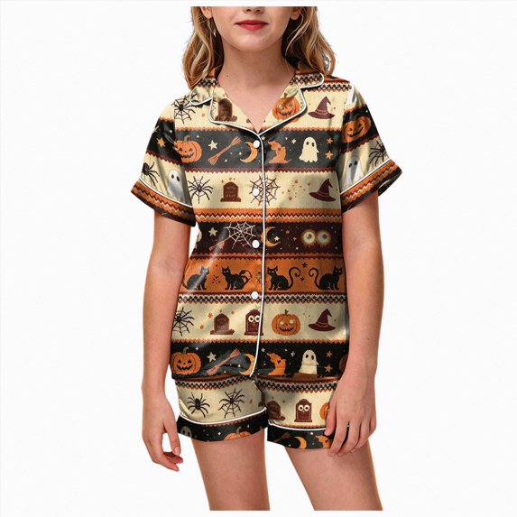 UAYOTSE Button‑Down Satin Pjs for Girls, Collared Short‑Sleeve Top and Sleep Shorts, Lightweight Kids Sleep Set for Daily and Holiday Moments Size 8-9 Years