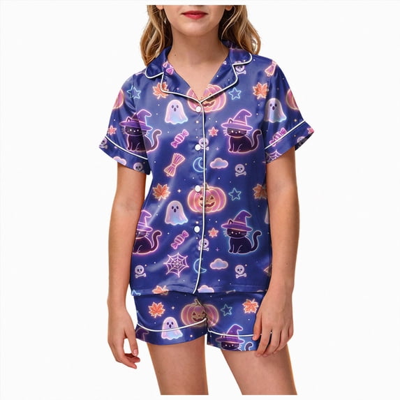 UAYOTSE Collared Button‑Up Satin Pjs Set for Girls, Short Sleeve Top and Sleep Shorts, 2‑Piece Loungewear Built for Kids Indoor Daily Life Size 4-5 Years