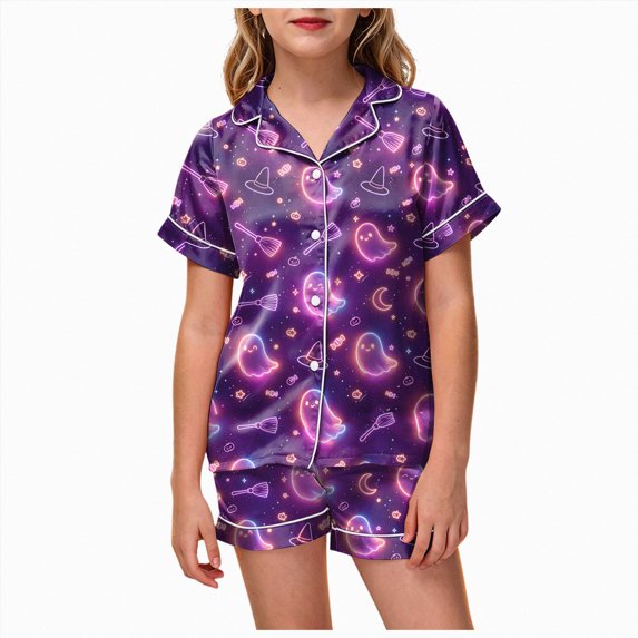 UAYOTSE Collared Button‑Up Satin Pjs Set for Girls, Short Sleeve Top and Sleep Shorts, 2‑Piece Loungewear Built for Kids Indoor Daily Life Size 4-5 Years