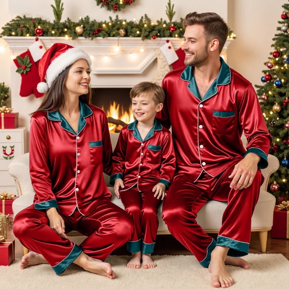UAYOTSE Family Christmas Pajamas Matching Sets 2025 Silk Satin Plus Size Casual Matching Sets for Family,Sizes Dad L