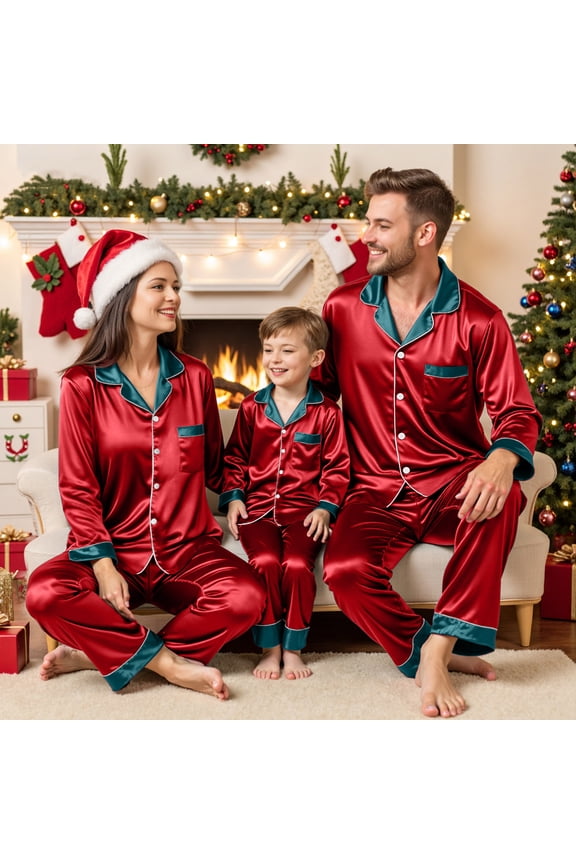 Family Christmas Pajamas Matching Sets 2025 Silk Satin Plus Size Casual Matching Sets for Family,Sizes Mom S