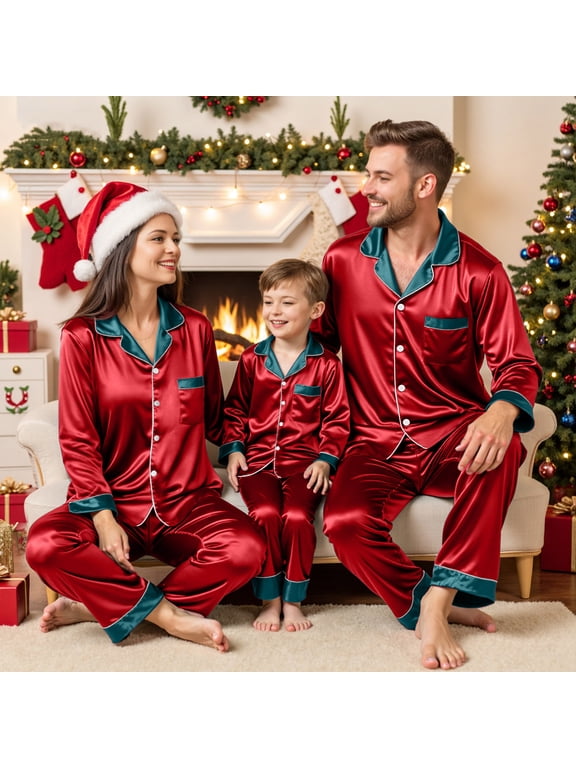 Family Christmas Pajamas Matching Sets 2025 Silk Satin Plus Size Casual Matching Sets for Family,Sizes Mom S