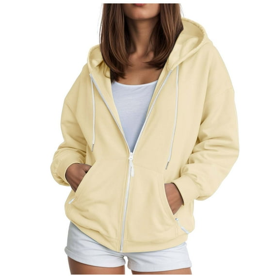 UAYOTSE Fashion Hoodies Vintage Zipper Oversized Loose Fit Hoodies Women Long Sleeve Solid Jackets Soft Outdoor Sweatshirt(G360-Light Yellow,S)