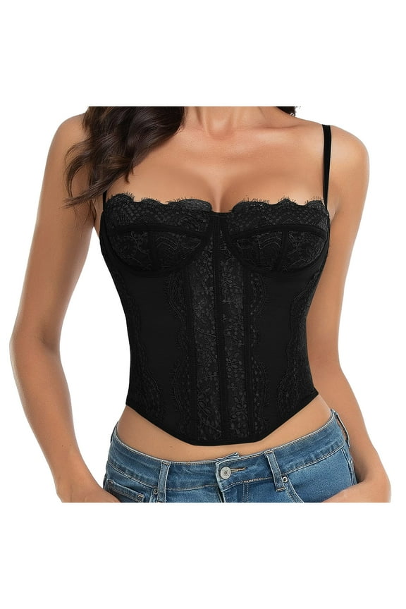 Fashion Lace Bustier Corset Crop Tops for Women Sexy Going Out Top,Black S