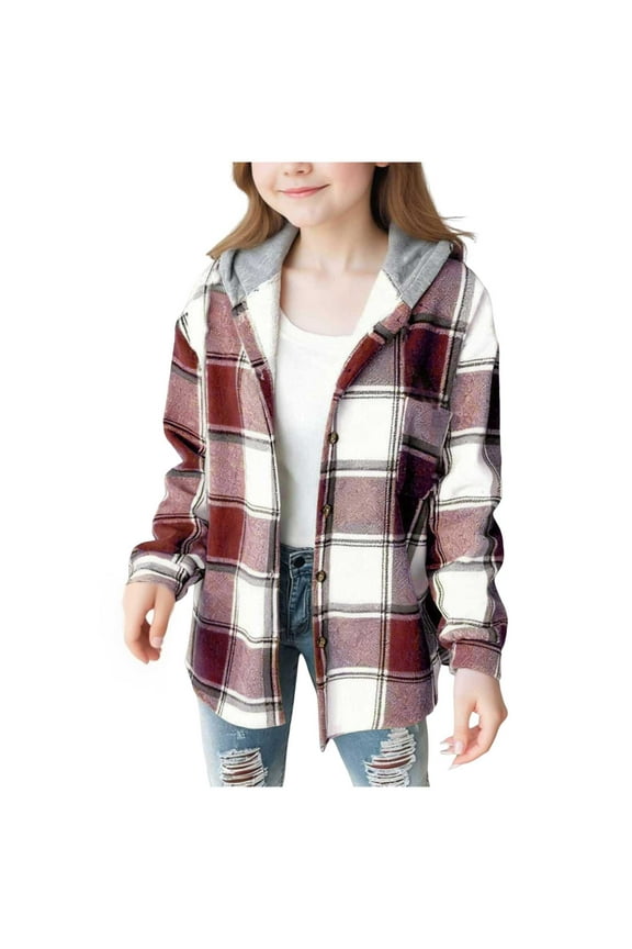 Girl Fall Jacket Plaid Lined Flannel Shirts Button Down Hooded Shirt Kids Casual Holiday Jackets 4 15 Years,Sizes 10-11 Years