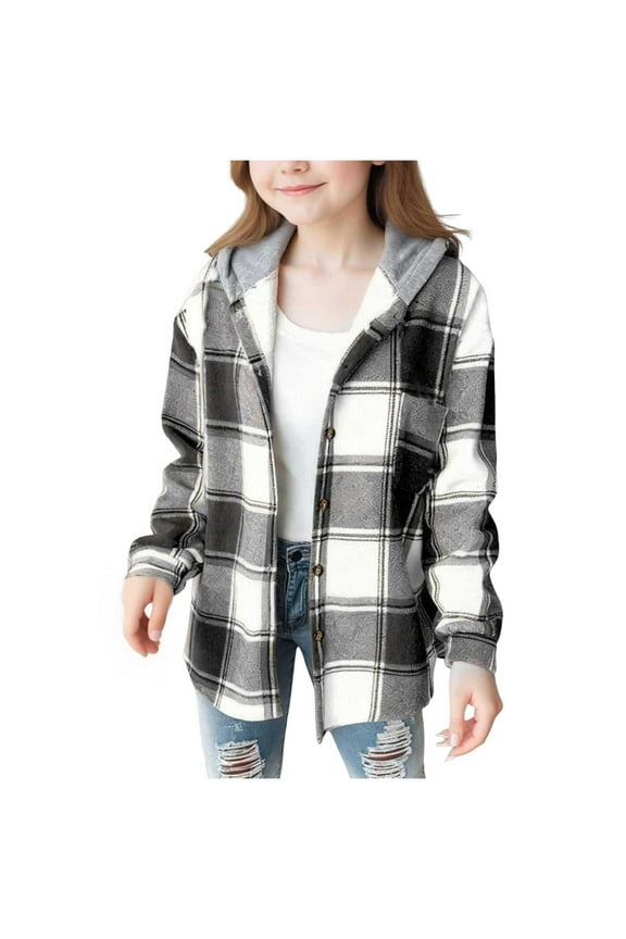 Girl Fall Jacket Plaid Lined Flannel Shirts Button Down Hooded Shirt Kids Casual Holiday Jackets 4 15 Years,Sizes 12-13 Years