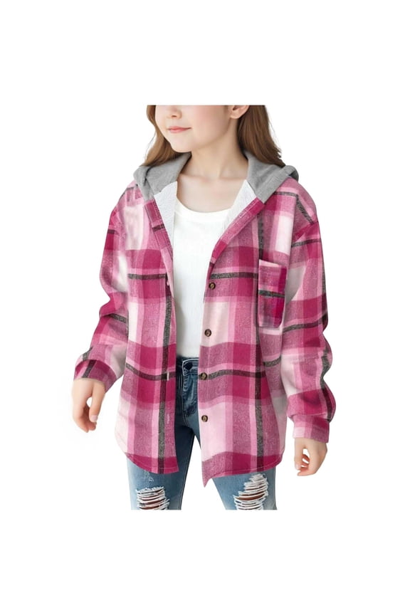 Girl Fall Jacket Plaid Lined Flannel Shirts Button Down Hooded Shirt Kids Casual Holiday Jackets 4 15 Years,Sizes 6-7 Years