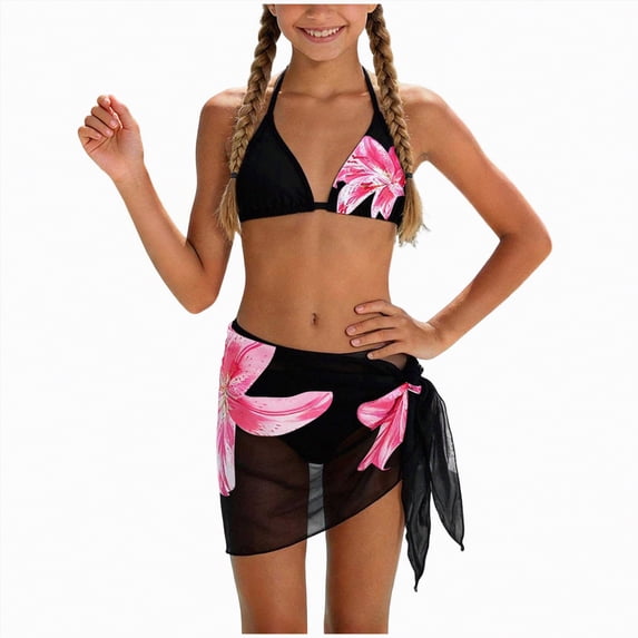 UAYOTSE Girl's 3 Piece Cute Triangle Bikini Swimsuit with Beach Cover Up,Sizes 7-8 Years