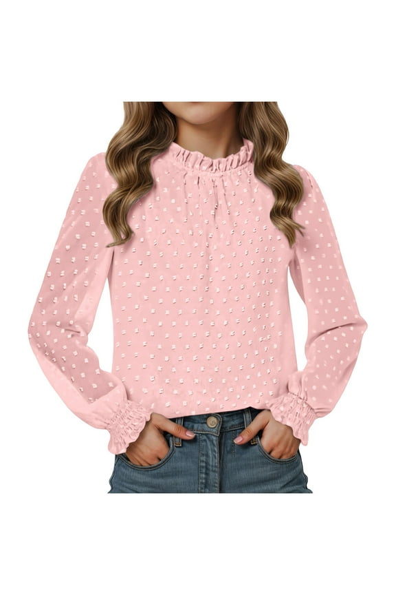 Girl's Dressy Ruffle Chiffon Jacquard Blouses Long Sleeve Teens Crewneck Loose Tunic Tops Casual Solid Tshirts(R180-Pink,9-10 Years)