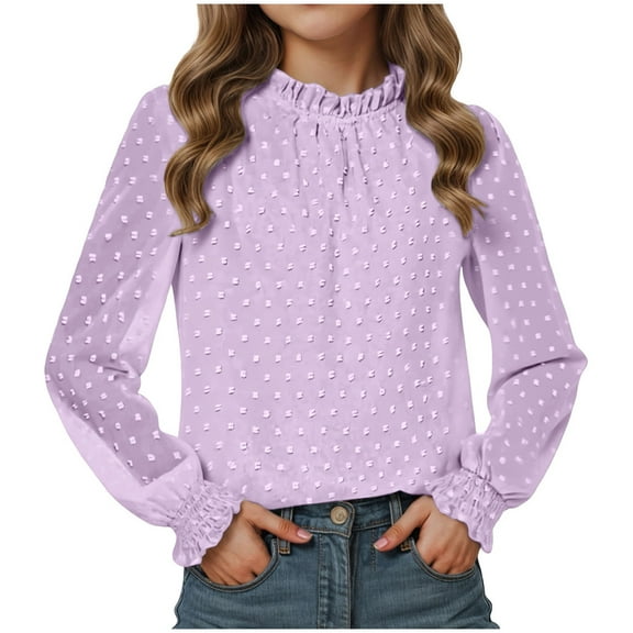 UAYOTSE Girl's Dressy Ruffle Chiffon Jacquard Blouses Long Sleeve Teens Crewneck Loose Tunic Tops Casual Solid Tshirts(R225-Light Purple,12-13 Years)