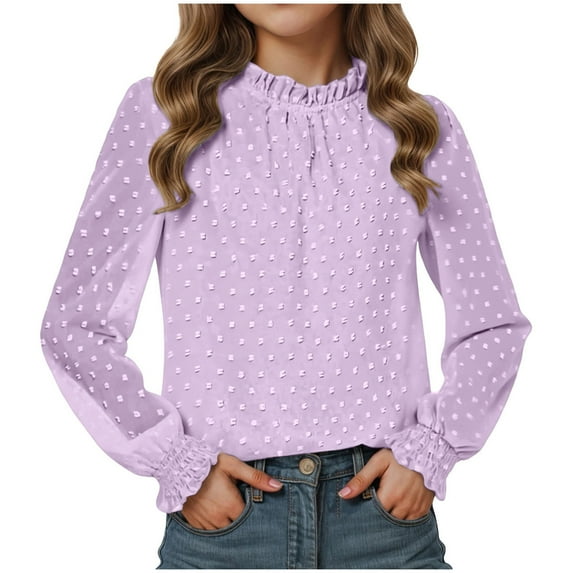 UAYOTSE Girl's Dressy Ruffle Chiffon Jacquard Blouses Long Sleeve Teens Crewneck Loose Tunic Tops Casual Solid Tshirts(R41-Light Purple,12-13 Years)