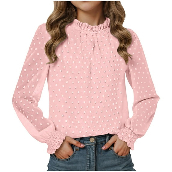 UAYOTSE Girl's Dressy Ruffle Chiffon Jacquard Blouses Long Sleeve Teens Crewneck Loose Tunic Tops Casual Solid Tshirts(R42-Pink,11-12 Years)