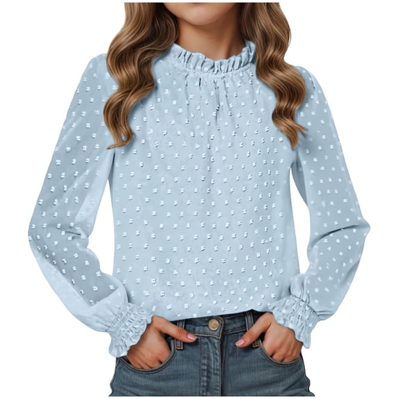 UAYOTSE Girl's Dressy Ruffle Chiffon Jacquard Blouses Long Sleeve Teens Crewneck Loose Tunic Tops Casual Solid Tshirts(R86-Light Blue,6-7 Years)