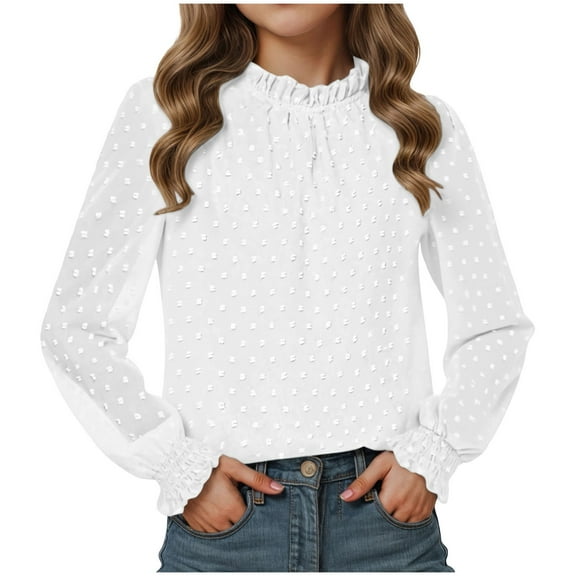 UAYOTSE Girl's Dressy Ruffle Chiffon Jacquard Blouses Long Sleeve Teens Crewneck Loose Tunic Tops Casual Solid Tshirts(R89-White,12-13 Years)