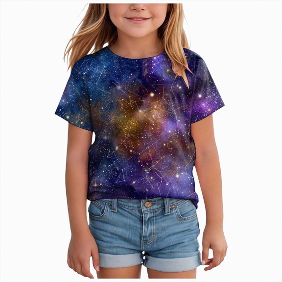 UAYOTSE Girl's Graphic Tees Kids Cute Shirts Nebula Slogan Loose Fit Casual Summer Tops,Sizes 10-11 Years