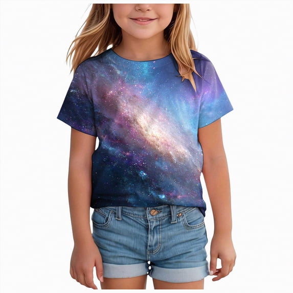 UAYOTSE Girl's Graphic Tees Kids Cute Shirts Nebula Slogan Loose Fit Casual Summer Tops,Sizes 3-4 Years