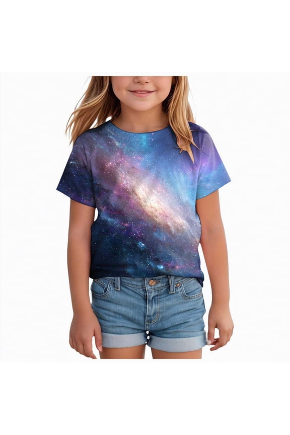 Girl's Graphic Tees Kids Cute Shirts Nebula Slogan Loose Fit Casual Summer Tops,Sizes 6-7 Years