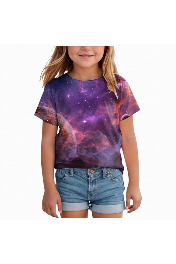 Girl's Graphic Tees Kids Cute Shirts Nebula Slogan Loose Fit Casual Summer Tops,Sizes 8-9 Years