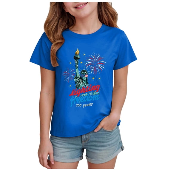 UAYOTSE Girls 4th of July Patriotic T Shirts Kids American Flag Summer Casual Short Sleeve Tops,Sizes 7-8 Years