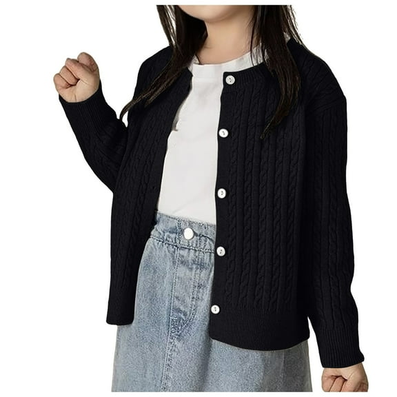 UAYOTSE Girls Cardigan School Uniform Sweater Crew Neck Long Sleeve Cotton Sweaters Jacket Outwear(90,I42-Black)