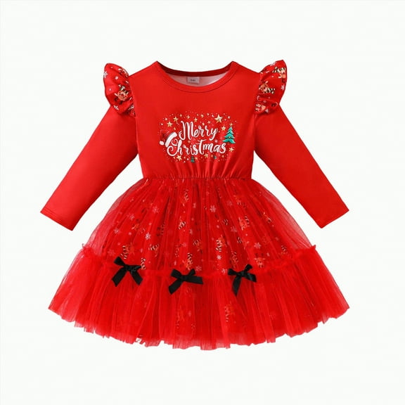 UAYOTSE Girls Christmas Dress Fashionable Long Sleeved Bow Mesh Cartoon Print Dress,Sizes 1-2 Years