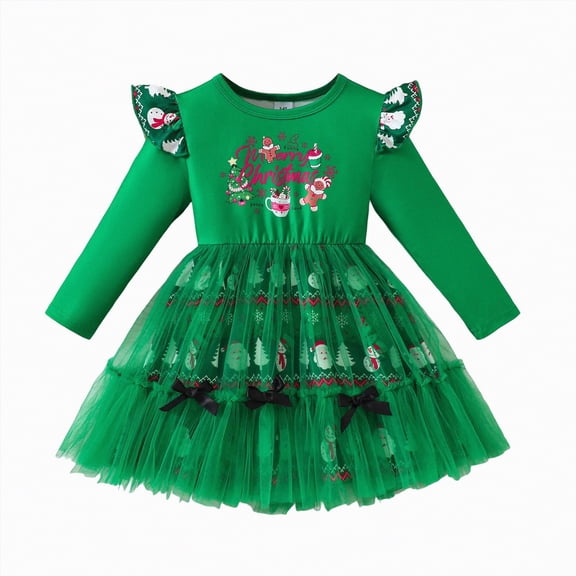 UAYOTSE Girls Christmas Dress Fashionable Long Sleeved Bow Mesh Cartoon Print Dress,Sizes 1-2 Years