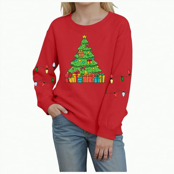 UAYOTSE Girls Christmas Sweatshirts Embroidered Merry and Bright Shirts Xmas Lights Pullover Holiday Tops Winter Clothes,Sizes 5-6 Years