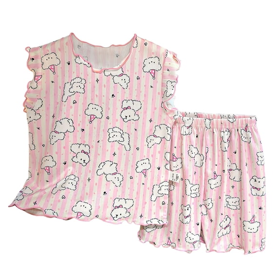 UAYOTSE Girls Comfortable and Breathable Set Cute Cartoon Printed Short Sleeve Shorts Two Piece Pajamas Set,Sizes 5-6 Years