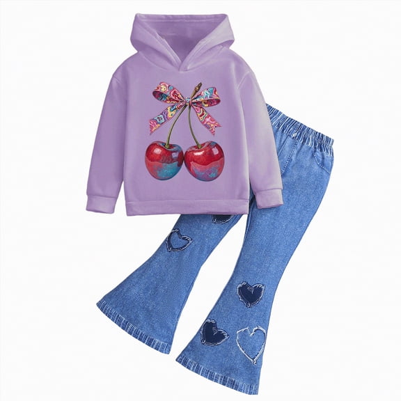 UAYOTSE Girls Comfortable and Warm Set Cute Cartoon Print Long Sleeved Hoodie Flared Pants Casual Two Piece Set,Sizes 3-4 Years