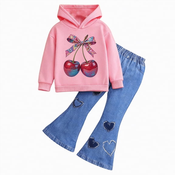 UAYOTSE Girls Comfortable and Warm Set Cute Cartoon Print Long Sleeved Hoodie Flared Pants Casual Two Piece Set,Sizes 4-5 Years